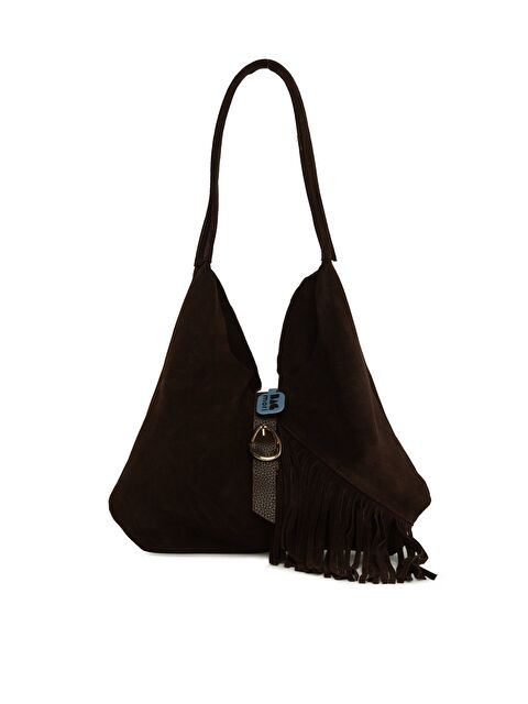 Bagmori Hakiki Süet Deri Tokalı Püsküllü Büyük Salaş Çanta - S000506256-19413