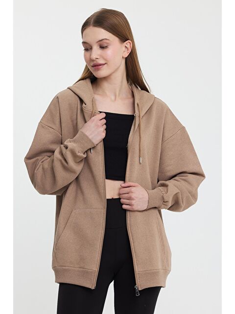 Mmetalic Kadın Kanguru Cepli Kapüşonlu Fermuarlı İçi Polarlı Hırka - S000237866-19413