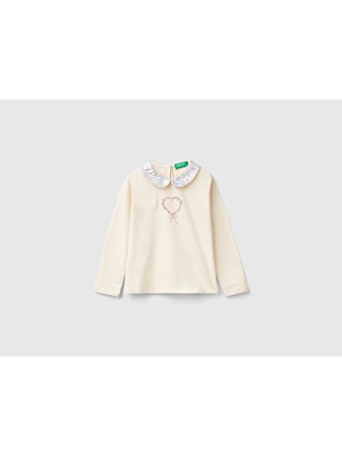 United Colors Of Benetton Kız Çocuk Ekru Önü Su Bazlı Baskılı Yakası Pullu Uzun Kollu Tişört - S000310793-19965