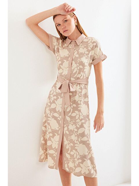 Bigdart 2455 Desenli Gömlek Elbise - Bej - S000139330-19928