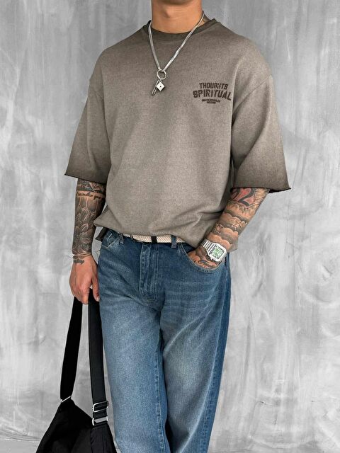 Abluka Online Erkek Yıkamalı Oversize Tişört Kahve - S000388755-19413