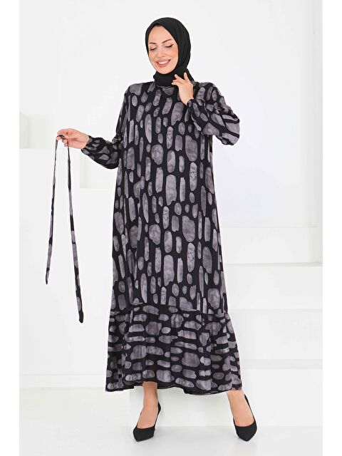 Tofisa Desenli Kuşaklı Elbise Gri - 27519 - S000425291-20600