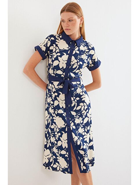 Bigdart 2455 Desenli Gömlek Elbise - Lacivert - S000139330-21164