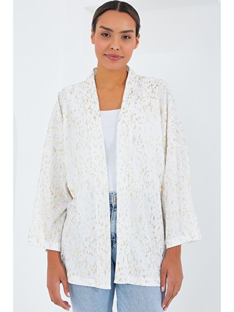 Bigdart Kadın Ekru Varaklı Örme Kimono 5925 - S000175797-19965