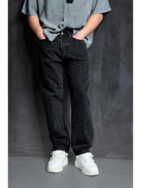 Abluka Online Erkek Desenli Baggy Fit Jean Siyah - S000491208-19351
