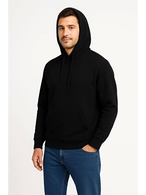 Jane's Erkek Üç İplik Kapüşonlu Kanguru Cepli SweatShirt Hoodie - Siyah