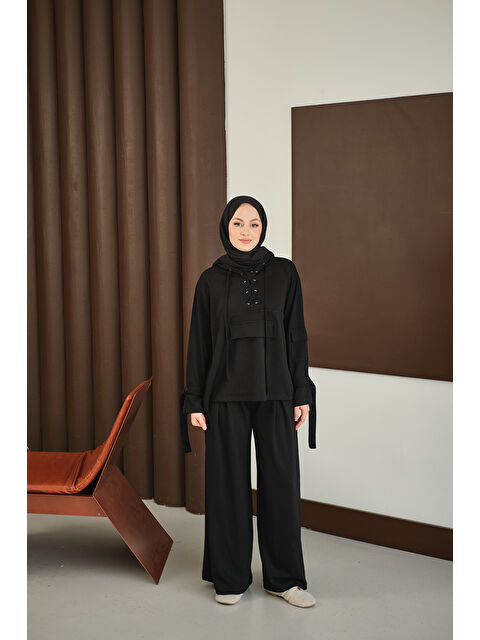 Locco Moda Kadın Önü Çapraz İp Detay Takım Siyah - S000484770-19351