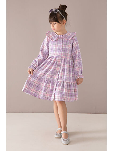 Cansın Mini Lila Ekose Desenli Düğmeli Uzun Kol Kız Çocuk Elbise 19808 - S000304597-17878