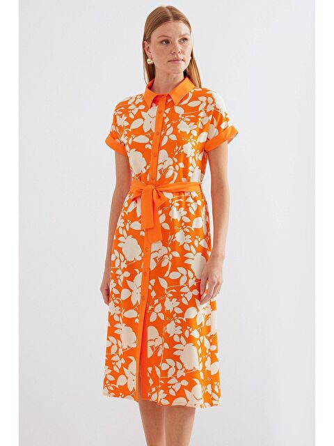 Bigdart 2455 Desenli Gömlek Elbise - Turuncu - S000139330-20013