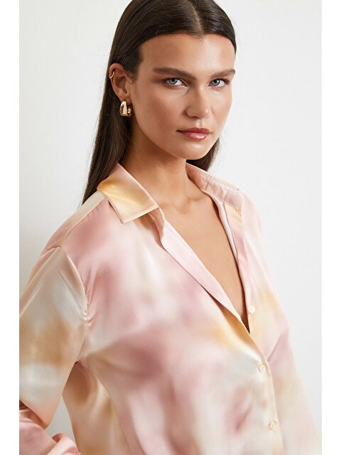 Never More Ebruli Desen Saten GömleK Pembe - S000402010-20024