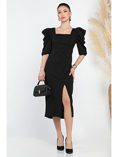 Gülseli Kadın Sırt Dekolteli Yırtmaçlı Kare Yaka Elbise - S000332241-19351