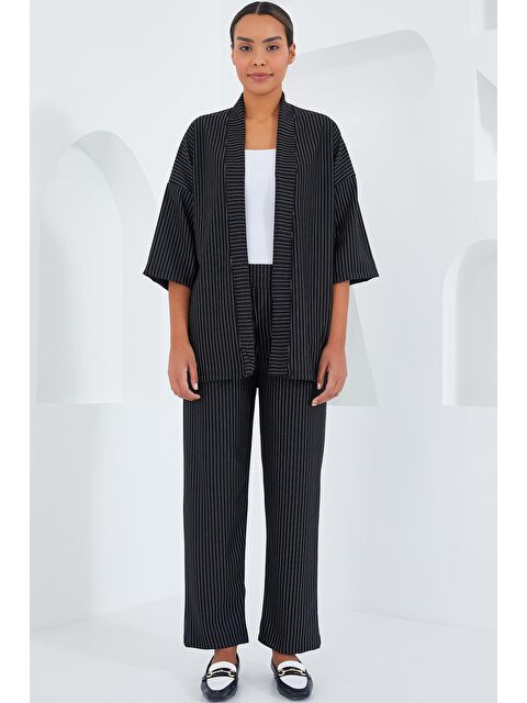 Bigdart 6661 Kadın Çizgili Kimono İkili Takım - Siyah - S000175795-19351