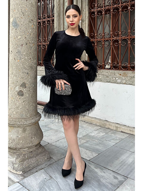 Gülseli Kadın Tüy Detaylı Kloş Mini Elbise - S000332268-19351