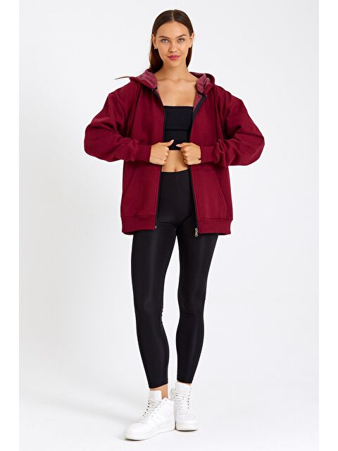 Mmetalic Kadın Kanguru Cepli Kapüşonlu Fermuarlı İçi Polarlı Hırka - S000237866-19951