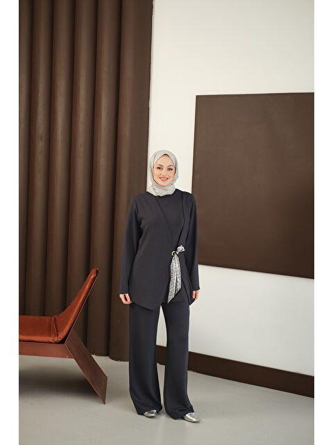 Locco Moda Kadın Önü Fular Detay Takım Füme - S000484789-33408