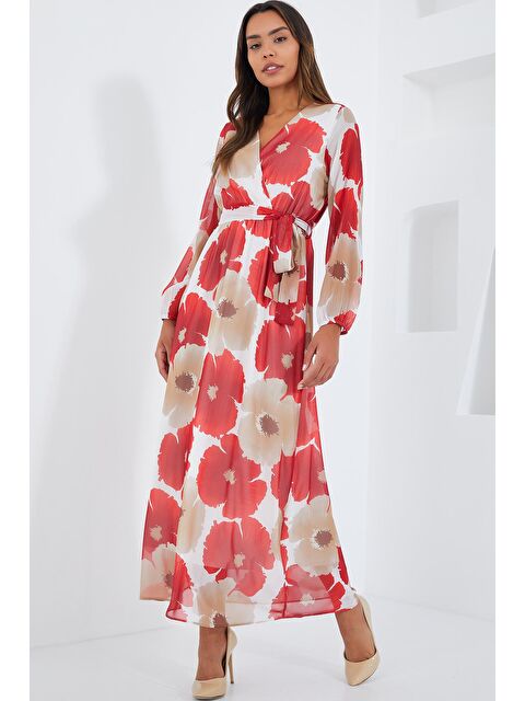 Bigdart Kadın Nar Bej Çiçek Desenli Şifon Elbise 2134 - S000175793-20048