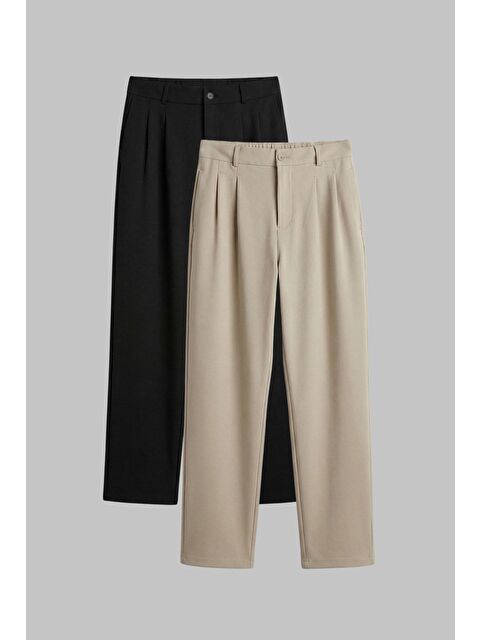 Abluka Online Erkek Baggy Fit 2'Li Kumaş Pantolon Siyah Bej - S000491211-37423