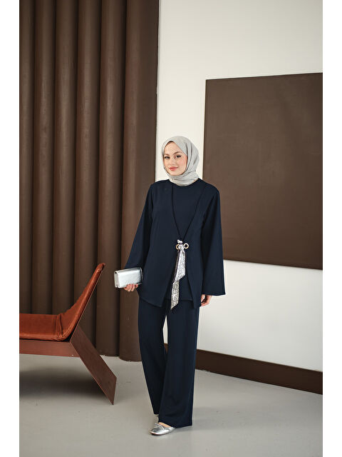 Locco Moda Kadın Önü Fular Detay Takım Lacivert - S000484789-21164