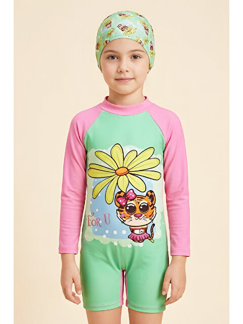 Modanino Kız Çocuk Mayo Takımı-Uzun Kollu Yüzücü Mayo ve Bone 3-12 Yaş 12634N