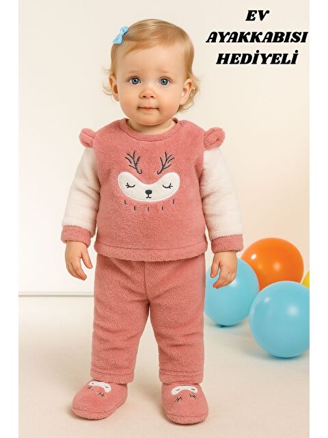 Mai Perla Kız Welsoft 3 Parça Geyik Desenli Ev Ayakkabısı Hediyeli Bebek Takım