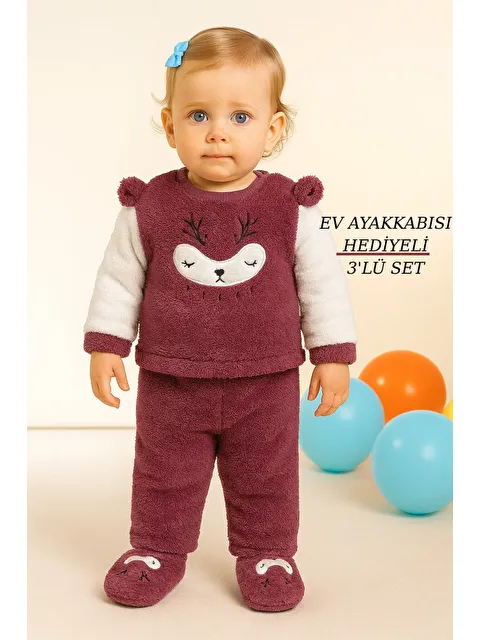Mai Perla Kız Welsoft 3 Parça Geyik Desenli Ev Ayakkabısı Hediyeli Bebek Takım