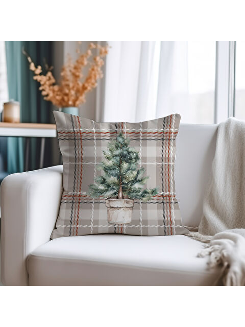 Evmila Çam Ağacı ve Ekose Desenli Dijital Baskılı Süet Kırlent Kılıfı - 43x43 cm - S000505782-37513