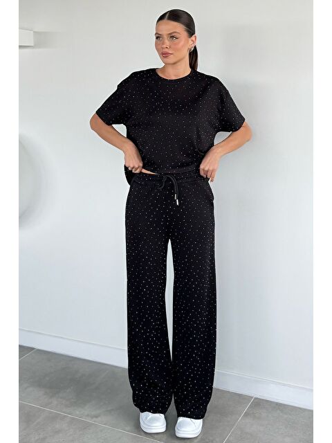 Gülseli Kadın Taş İşlemeli Bel Lastikli Pantolon Tişört İkili Takım