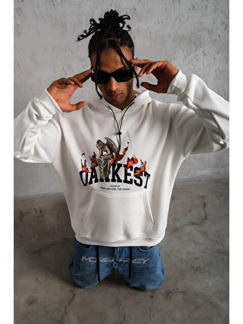 Jane's Erkek Oversize Kapüşonlu Sweatshirt – Beyaz Renk Üç İplik İçi Pamuklu Kanguru Cepli Baskılı Hoodie R