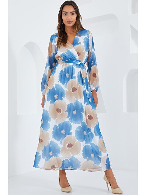 Bigdart Kadın Mavi Bej Çiçek Desenli Şifon Elbise 2134 - S000175793-17234