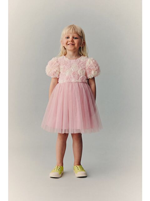 Magu Kız Çocuk Pamuklu Pembe Gül Aplikeli Tütü Elbise