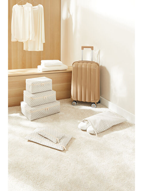 Ocean Home Textile 6'lı Gri Dama Desen Pamuklu Bavul İçi Düzenleyici Set - S000443629-20600