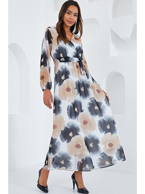Bigdart Kadın Siyah Bej Çiçek Desenli Şifon Elbise 2134 - S000175793-19351
