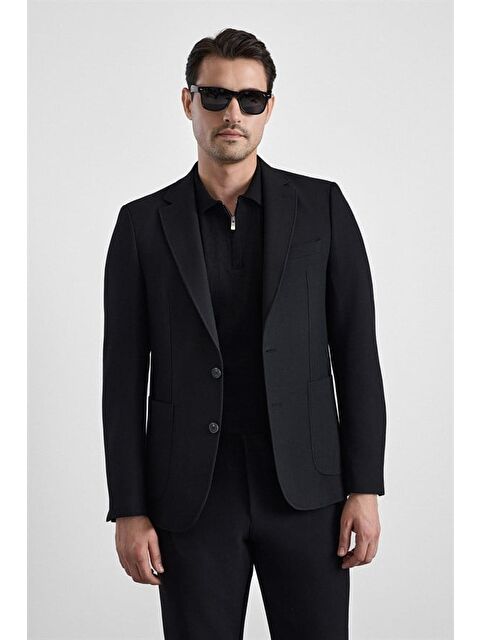 Süvari Siyah Slim Mono Yaka Düz Torba Cep 6 Drop Takım Elbise