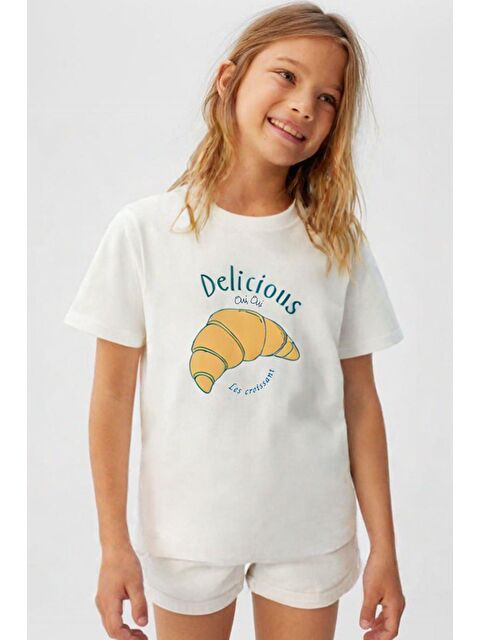 Monila Unisex Çocuk Pamuklu Bisiklet Yaka Kruvasan Baskılı T-Shirt - S000514711-19965