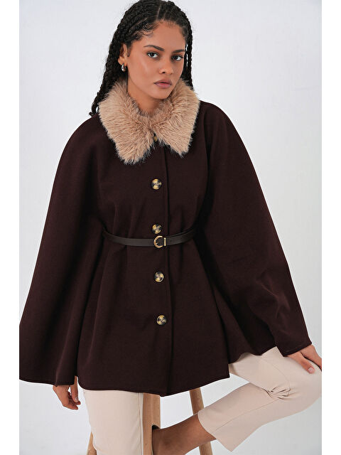 Bigdart Kadın Kemerli Kaşe Panço 9165 - Kahverengi - S000466050-19413