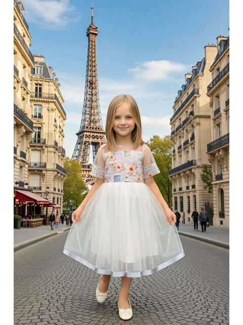 Riccotarz Kız Çocuk Etek Ucu Şerit ve Göğsü Gül Baskılı Yakası Şeffaf Gri Elbise - S000514712-20600