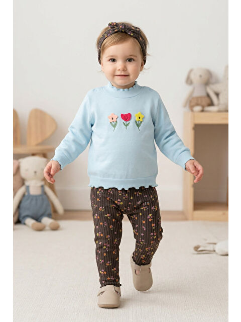 Harika Kids Kız Bebek Pamuklu Eşofman Takımı Saç Bandanalı İki İplik Rahat Kalıp