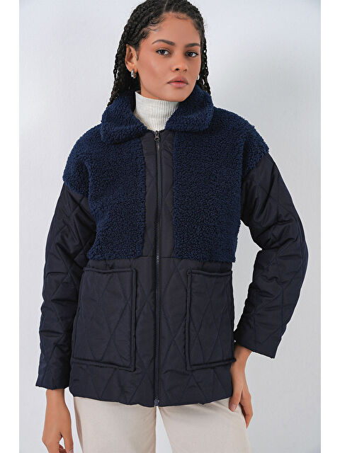 Bigdart 5182 Pelüş Detaylı Oversize Şişme Mont - Lacivert - S000119532-21164