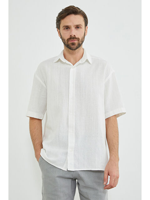 Fullamoda Keten Görünümlü Kısa Kollu Gömlek