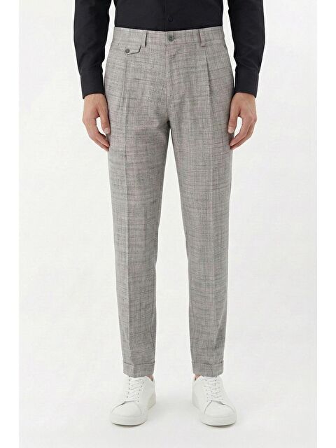 Sabri Özel Giotelli Gri Slim Fit Desenli Duble Paça Dokuma Kumaş Normal Bel Standart Boy Erkek Klasik Pantolon - S000525649-20600