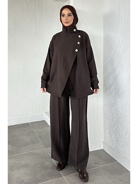 Julude Düğme Detaylı Kuşaklı Tunik Pantolon Tesettür İkili Takım