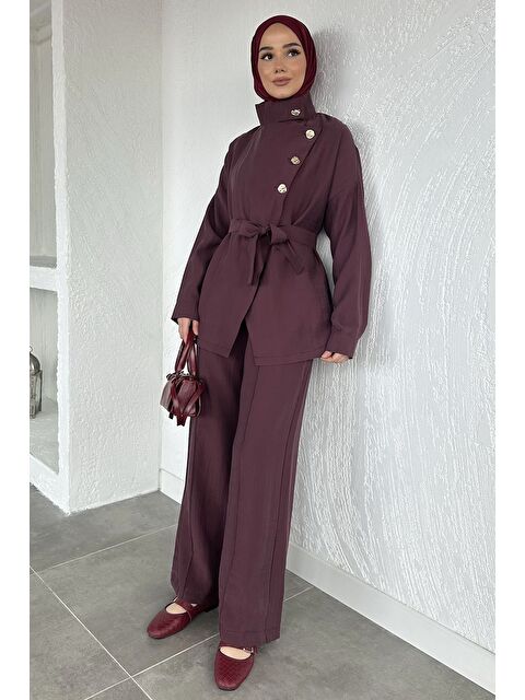 Julude Düğme Detaylı Kuşaklı Tunik Pantolon Tesettür İkili Takım