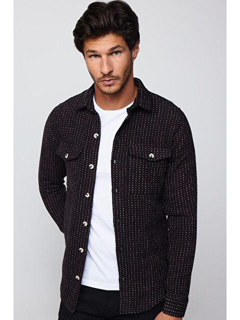 TUDORS Erkek Slim Fit Dar Kesim Uzun Kollu Çizgili Çift Cepli Kışlık Oduncu Gömlek