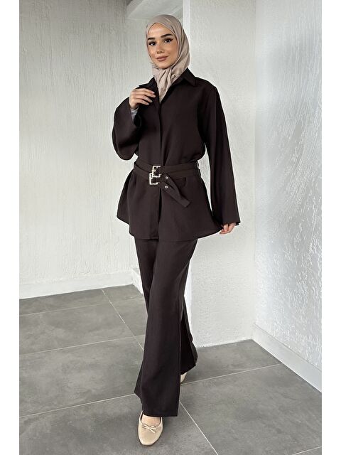 Julude Bel Çift Kemerli Tunik Pantolon Tesettür İkili Takım