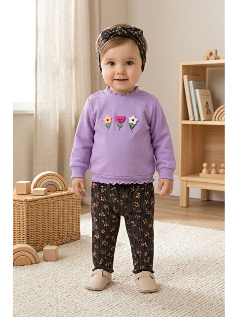 Harika Kids Kız Bebek Pamuklu Eşofman Takımı Saç Bandanalı İki İplik Rahat Kalıp