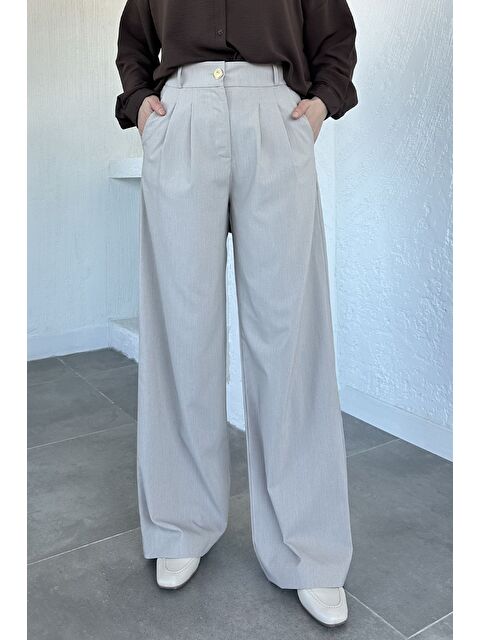 Julude Pileli Kemer Aksesuarlı Tesettür Kumaş Pantolon