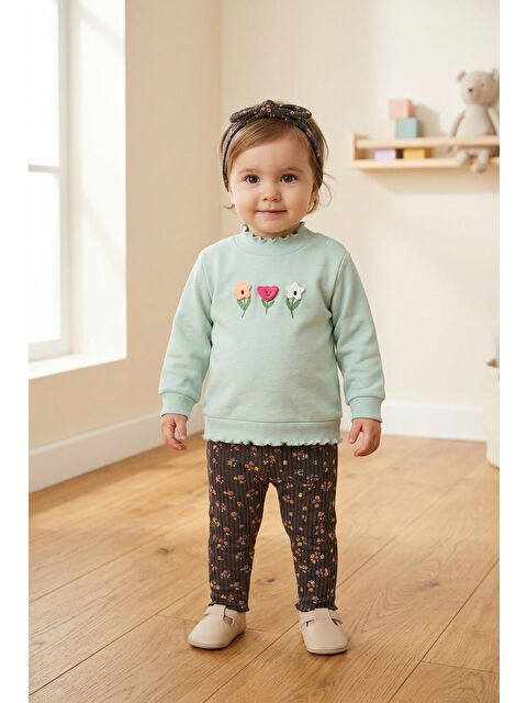 Harika Kids Kız Bebek Pamuklu Eşofman Takımı Saç Bandanalı İki İplik Rahat Kalıp