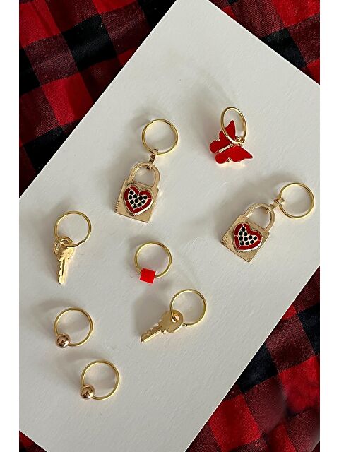 New Obsessions Kırmızı Rüyası Kelebek ve Kalp Figürlü Saç Küpesi Seti 8'li paket - S000161056-20045