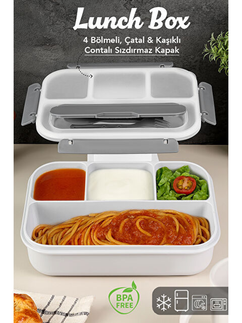 Meleni Home Sızdırmaz Contalı Yemek Kabı - 4 Bölmeli Çatal Kaşıklı Diyet Beslenme Kutusu Lunch Box Gri - S000465257-20600