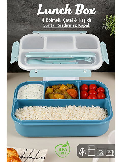 Meleni Home Sızdırmaz Contalı Yemek Kabı - 4 Bölmeli Çatal Kaşıklı Diyet Beslenme Kutusu Lunch Box Mavi - S000465258-17234